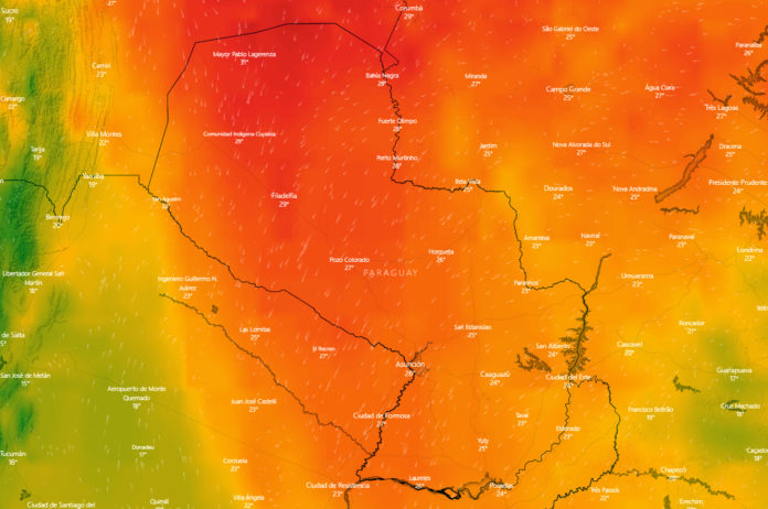 Imagen satelital de www.windy.com donde puede apreciarse la ola de calor que afecta a nuestro país y la zona. Imagen satelital de www.windy.com donde puede apreciarse la ola de calor que afecta a nuestro país y la zona.